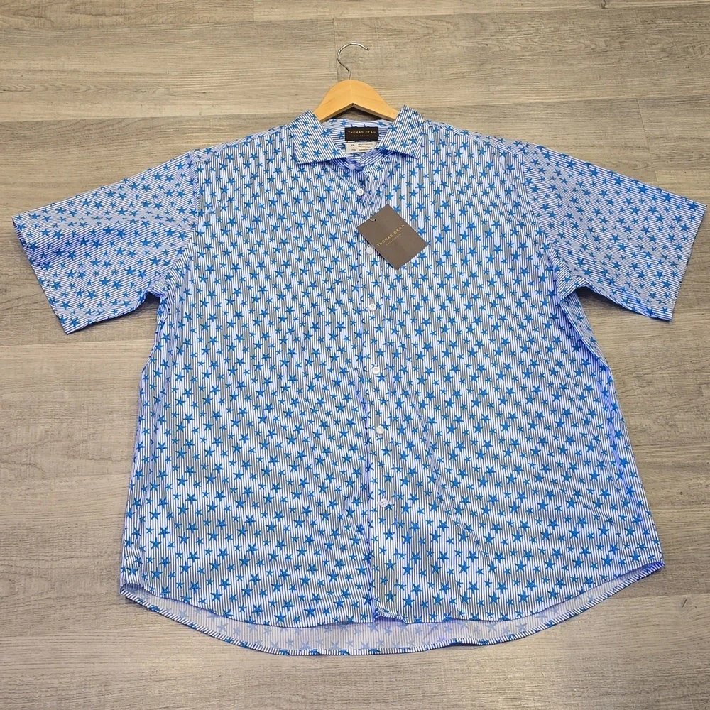 Thomas Dean Mens Button Front short sleeve, blue stars & stripe Shirt XXL - Picture 2 of 5